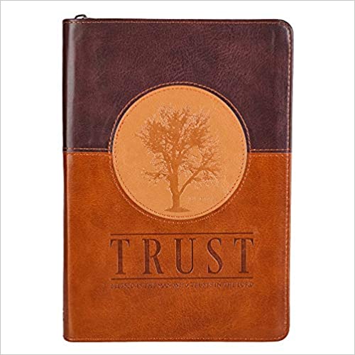 Trust Jeremiah 17:7-8 Bible Verse Brown Faux Leather Journal Inspirational Zippered Notebook w/Ribbon and Lined Pages, 6.5 x 8.75 Inches