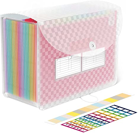ABC life A4 Expanding File Organiser with Grid Pattern,24 Pockets Expandable Filling Boxes Documents Organiser,Accordion A4 Desk Folders,Portable Rainbow Files Wallets Plastic Bills Storage Bag(Pink)