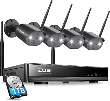 ZOSI 1080P Wireless Security Camera System, H.265  8 Channel CCTV NVR with Hard Drive 1TB and 4pcs 1080P WiFi IP Camera Outdoor Indoor with Spot Light & Sound Alarm, 2-Way Audio,Human Motion Alerts