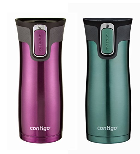 Contigo AUTOSEAL West Loop Stainless Steel Travel Mug with Easy-Clean Lid, 16-Ounce, Greyed Jade / Radiant Orchid , 2-Pack