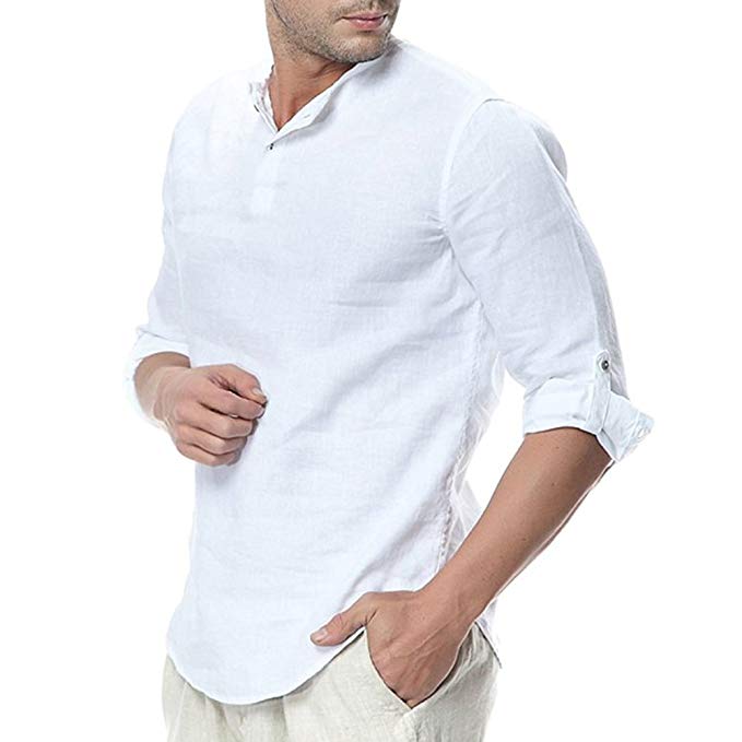 Mens Linen Henley Shirt Casual 3/4 Sleeve T Shirt Pullover Tees Lightweight Curved Hem Cotton Summer Beach Tops