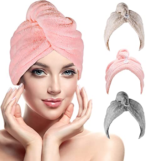RenFox Hair Turban Towel, Dry Hair Towel Cap with Loop and Button Fastener, 3 Pack Absorbent Microfiber to Dry Hair Quickly for Women (3-pack)