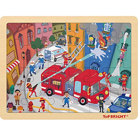 24 Piece Puzzles for Kids Ages 3-5 - Fire Rescue Wooden Jigsaw Puzzle with Storage Tray