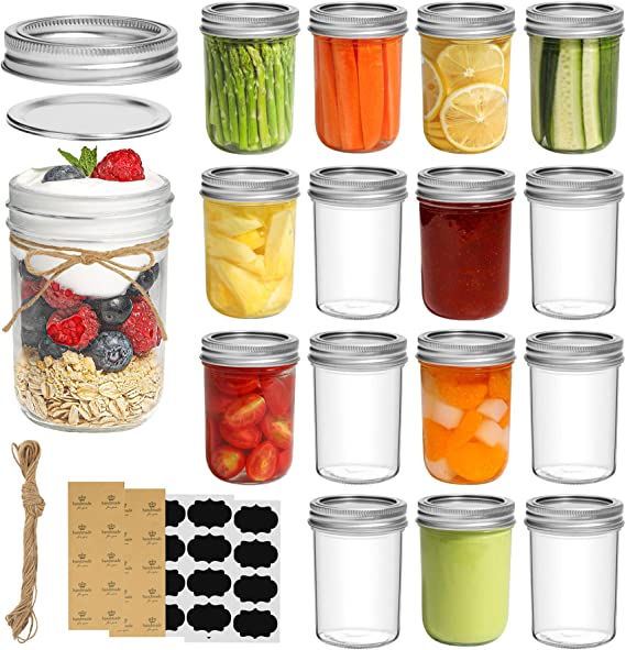 ComSaf Small Mason Jars 8oz - 16 Pack, Regular Mouth Mason Jar with Lids and Seal Bands, Glass Half Pint Canning Jar for Spice, Jam, Honey, Pickle, Dessert, Shower Wedding Favors, DIY Candles Decor