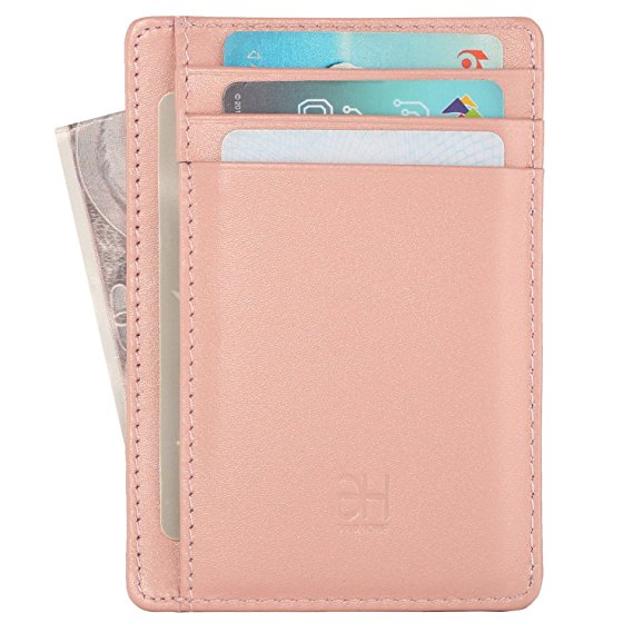 Slim RFID Blocking Card Holder Leather Front Pocket Wallet for Women, Rose Gold