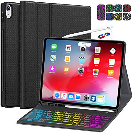 iPad Pro 12.9 Case with Keyboard 2018 3rd Gen (Not for 2017/2015) - 7 Colors Backlight/Hundreds of DIY - Detachable Wireless Keyboard with Charging Pencil Holder for iPad Pro 12.9 Inch 2018, Black