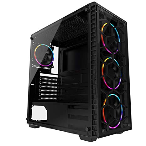 MUSETEX 903-S4 ATX Mid Tower Gaming Computer Case Tempered Glass, Computer Gaming Case Window Desktop/PC Including 4X 120mm Case Fan, USB 3.0 Ports & Cable Management, Black, 903-4 RGB Fans
