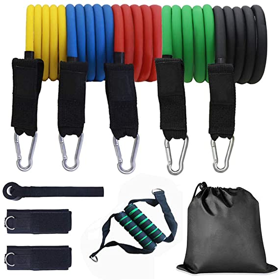 TKKOK Resistance Bands Set 11 Pack,Including 5 Stackable Exercise Bands with Door Anchor,2 Foam Handle,2 Metal Foot Ring & Carrying Case
