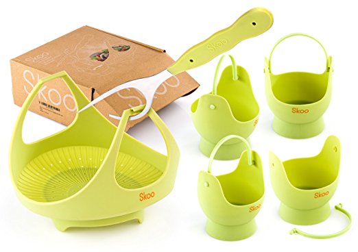 Skoo Silicone Vegetable Steamer Basket, Egg Poachers and Fork Set, for Stove Top, Microwave and Electric Pressure Cookers. Egg Cooker and Food Steamer, Instant Pot Accessories. Green Edition.
