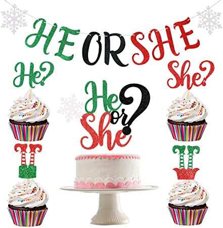 Glitter Christmas He or She Banner Cake Topper and 24Pcs Elf Cupcake Toppers, Christmas Gender Reveal Party Decorations, Christmas Baby Shower Decorations, Grinch Baby Shower Decorations