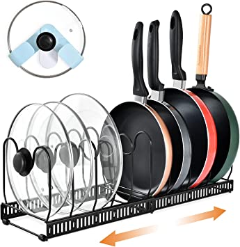 aceyoon Pot and Pan Organizer Rack, Expandable Lid Organizer with 10 Adjustable Compartments Kitchen Organizers for Pots, Pans, Lids, Trays,Cookie Sheets and Cutting Boards in Cabinet or Pantry
