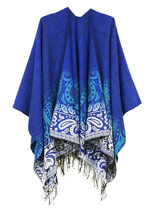 Women's Fashionable Retro Style Vintage Pattern Tassel Poncho Shawl Cape