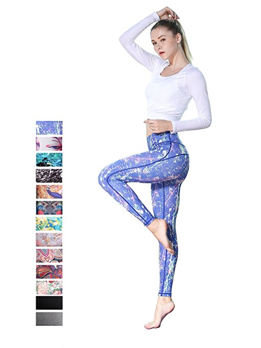 FINEMORE Women Girl High Waist Printed Yoga Pants Stretchy Pilates Workout Sport Yoga Leggings Power Flex Activewear