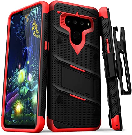 ZIZO Bolt Series LG V50 ThinQ 5G Case | Military-Grade Drop Protection w/Kickstand Bundle Includes Belt Clip Holster   Lanyard Black Red