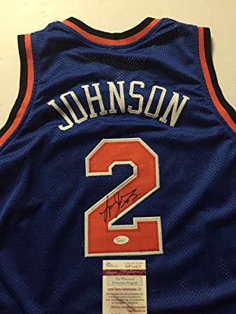 Autographed/Signed Larry Johnson New York Knicks Blue Basketball Jersey JSA COA
