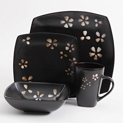 Gibson Elite 16 Piece Square Dinnerware Set Black with Tan Flowers Stoneware Dishes