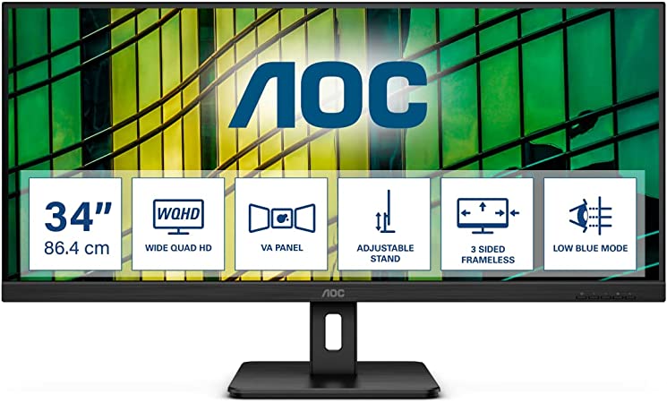 AOC U34E2M - 34" QHD Monitor, 100Hz, VA, 4ms, Low blue Light, Adaptive Sync, Flicker Free, Vesa mountable, Tilt (3440 x 1440 @ 100Hz, 300 d/m², HDMI 2.0 / DP 1.2 )