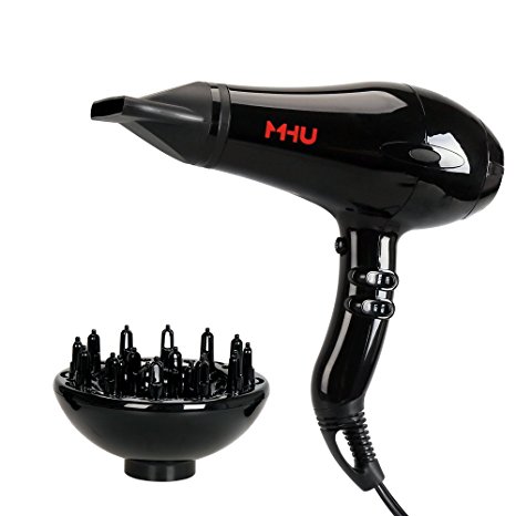 MHU Pro 1875 Watt Ceramic Ionic Hair Dryer Lightweight Low Noise Blow Dryer 2 Speed and 3 Heat Settings AC Motor Powerful Dryer with Concentrator & Diffuser, Black