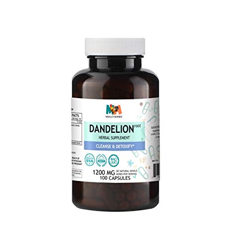 Dandelion 100 Capsules, 1200 mg per Serving, Organic Dandelion Root (Taraxacum Officinale)