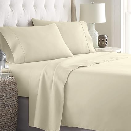 Bed Sheet Set 4-Piece Sheets 400 Thread Count Bed-Sheet 100% Egyptian-Cotton-Sheets, Soft & Sateen Weave, Fits Mattress Up to 16'' Deep Pocket Sheet Set (4 Piece Sheet Set, Super Queen, Ivory Solid)