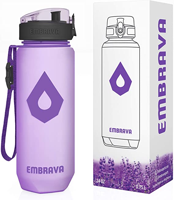 Embrava Water Bottle with Time Markers - 24 Ounce - For Sports, Gym & Hiking - BPA and BPS-Free - One-Click Opening - Leakproof and Secure