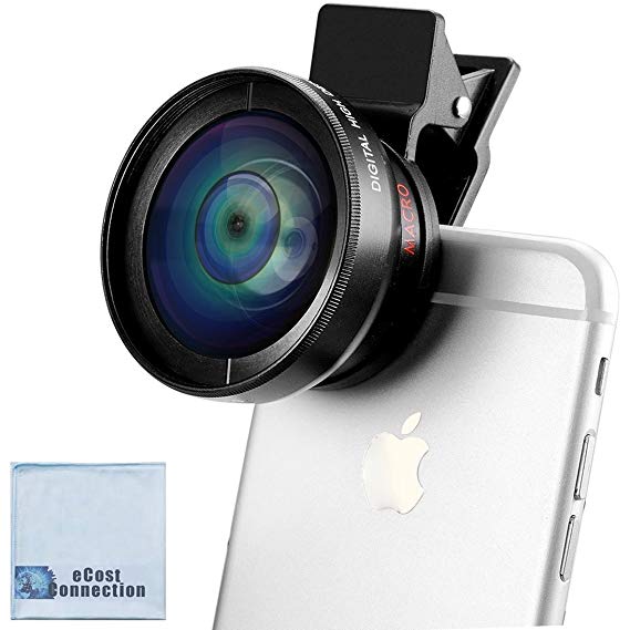 2-in-1 Professional Universal Smartphone HD Camera Lens Kit (Super Wide Angle & Macro Lens) for iPhones 8 7, 7 Plus, 6s, 6s Plus, SE, 6 Plus, 6, 5, 5S, 5C   eCostConnection Microfiber Cloth