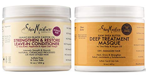 Shea Moisture Raw Shea Butter Powerful Duo, Deep Treatment Masque, 16 Fl Ounce | Shea Moisture Jamaican Black Castor Oil Strengthen and Grow Leave-In Conditioner, 16 Fl Ounce