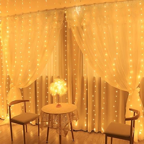 300 LED Curtain Lights 9.8 X 9.8 Feet String 8 Light Mode with Remote Dimmable USB Adapter Hook for Valentines Day Party Bedroom Bathroom Room Backdrop Window Twinkle Fairy Lights Warm White