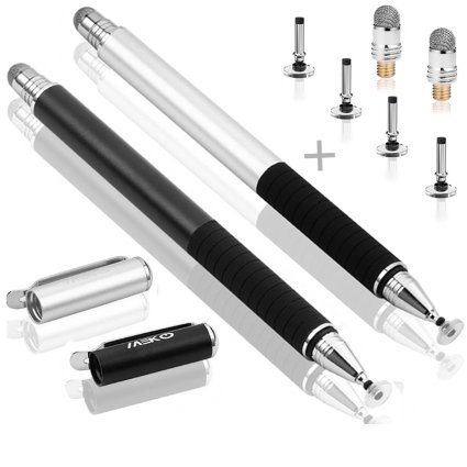 MEKO(TM) (2 Pcs)[2 in 1 Precision Series] Disc Stylus/Styli Bundle with 4 Replaceable Disc Tips, 2 Replaceable Fiber Tips For All Touch Screen Devices - (Black/Silver)