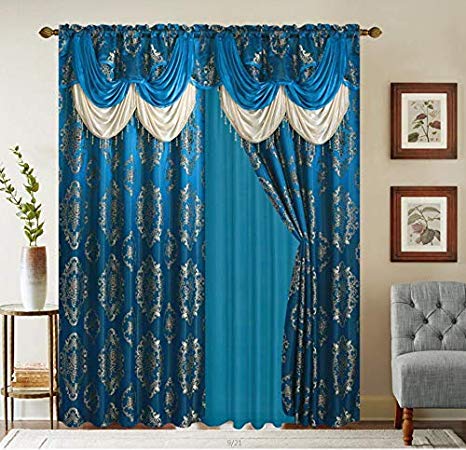 Rod Pocket Jacquard Window 84 Inch Length Curtain Drape Panels w/ attached Valance   Sheer Backing   2 Tassels - 84" Floral Curtain Drape set for Living and dining rooms - Heavy Quality - Turquoise