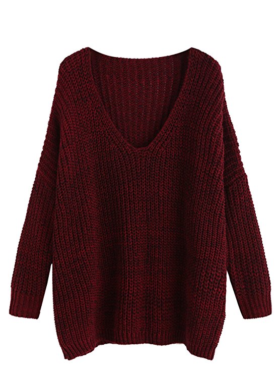 Romwe Women's Basic Long Sleeve V-Neck Knit Loose Casual Oversized Sweater