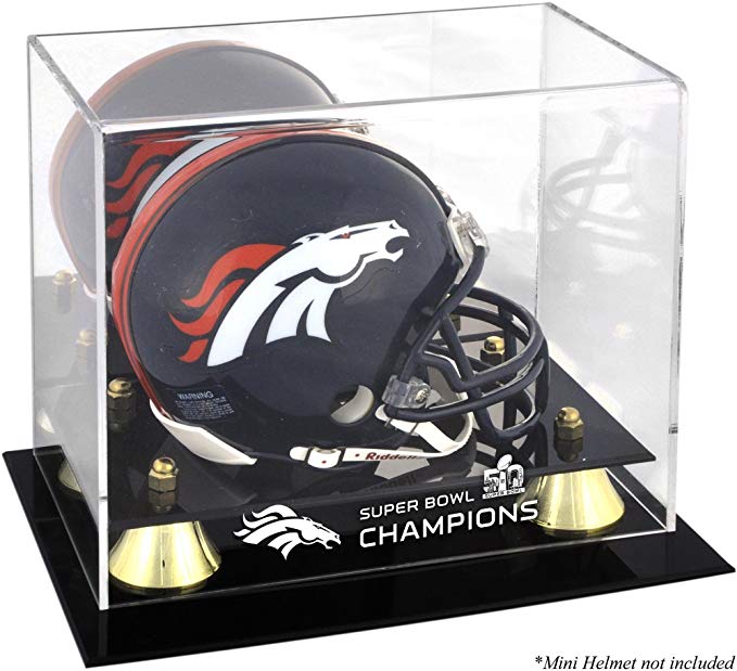 Sports Memorabilia Denver Broncos Golden Classic Mini Helmet Super Bowl 50 Champions Logo Display Case - Football Mini Helmet Free Standing Display Cases