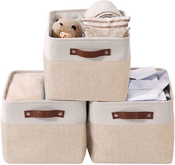 DECOMOMO Storage Bins | Fabric Storage Basket for Shelves for Organizing Closet Shelf Nursery Toy | Decorative Large Linen Closet Organizers with Handles Cubes (Beige and White, Large - 3 Pack)