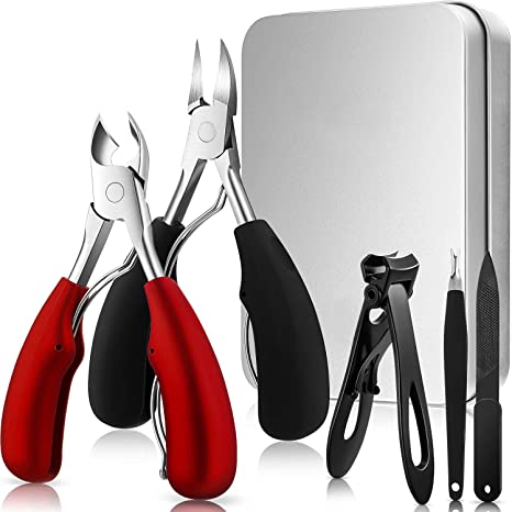 5 Pieces Nail Clipper Set Includes 2 Thick Toenail Clipper, Wide Jaw Nail Clipper, Cuticle Remover and Nail File, Stainless Steel Toenail Manicure Tools for Men Seniors Thick Ingrown Nails