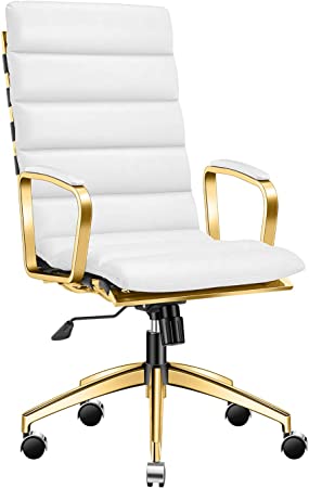 LUXMOD Deluxe (Gold) Office Chair, High Back Desk Chair for Extra Back and Lumbar Support, White Executive Chair, Ribbed Office Chair with Leather, Ergonomic Office Chair Leather Gold White…