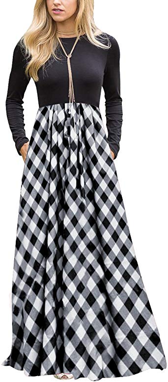 MEROKEETY Women's Plaid Long Sleeve Empire Waist Full Length Maxi Dress with Pockets