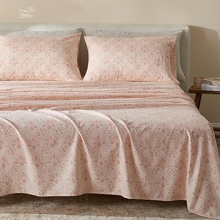 100% Turkish Cotton California King Flannel Sheets Set | Pink Floral, Farmhouse, Soft Flannel Sheets | Warm, Double Brushed Bed Sheets (Cal King, Floral - Pink)