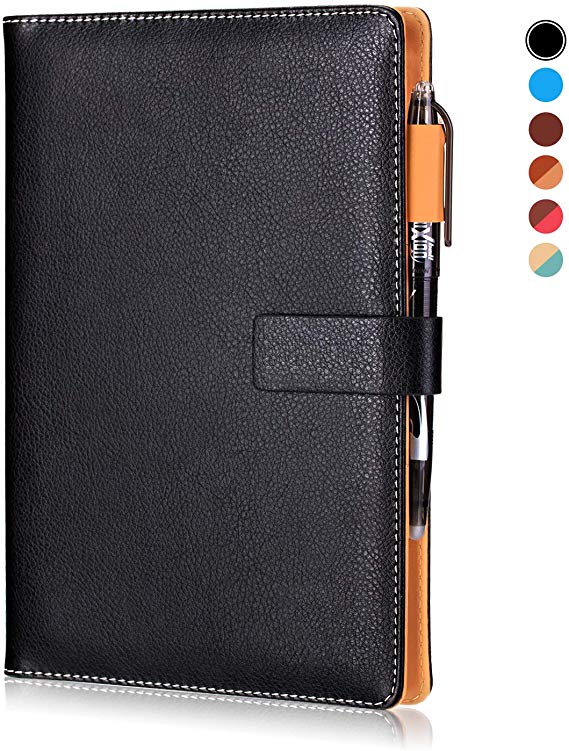 KYSTORE A5 Reusable Smart Erasable Leather Notebook, Notebooks and Journals Hardcover Writing Note Book Executive Notebook Heat Erase Paper Wide Ruled Blank 108 Pages with Erasable Pen [Royal Black]
