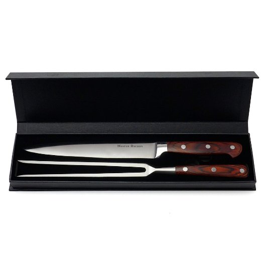 Master Racoon BBQ Meat Carving Knife and Fork with Case