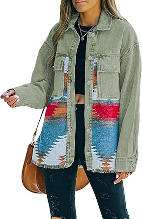 Haellun Women's Aztec Shacket Distressed Lapel Long Sleeve Button Down Jean Denim Jacket Coat