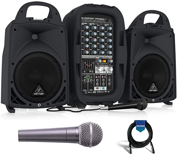 Behringer Europort PPA500BT, Ultra-Compact 500-Watt 6-Channel Portable PA System with Bluetooth Technology, Wireless Microphone Option with Behringer ULTRAVOICE XM8500 Mic   20' 6mm Mic Cable