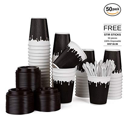 Hornbit Double Wall Insulated Disposable Paper Coffee Cup with Lid, Sleeve and Stirrer, Pack of 50, 12 Ounce, Ellipse Art Design
