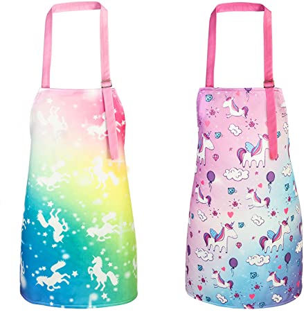 Bassion Pack of 2 Kids Apron, Rainbow Unicorn Kids Cooking Aprons, Adjustable Kids Aprons for Girls Gifts (Unicorn,Small,3-5Years)