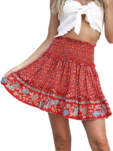 BerryGo Womens Boho Floral High Waist Ruffle A-line Mini Skirt