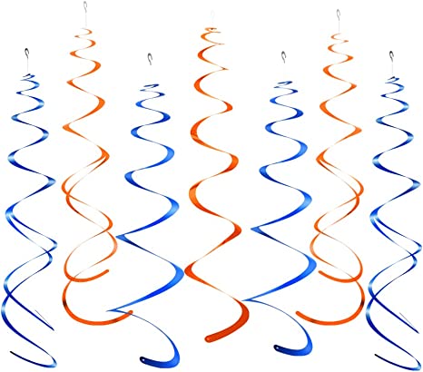 MOWO Orange and Royal Blue Foil Swirl Hanging Decoration for Birthday Graduation New Year Halloween Party Supplies,Pack of 20