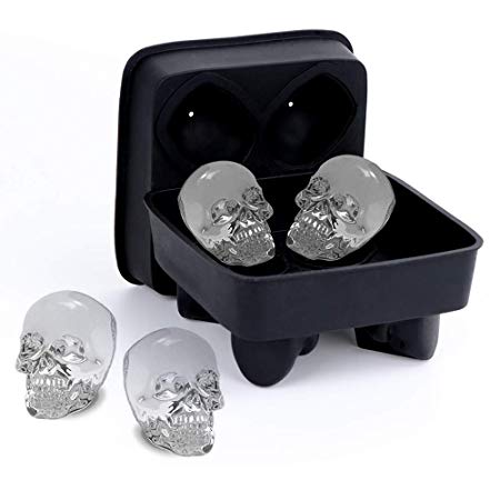 Ice Molds for Whiskey, Kmeivol 3D Skull Flexible Silicone Large Ice Cube Tray for Whiskey, The Classic Kitchen Whiskey Ice Cube Set, Makes Four Giant Skulls,Vivid Skull Mould, Black Whiskey Cube Tray
