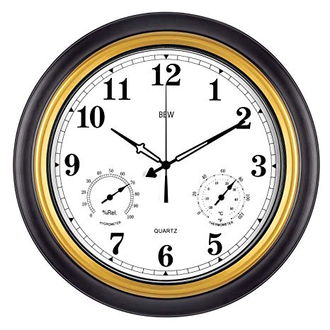 BEW Large Outdoor Clock, 18 Inch Thermometer & Hygrometer Combo Waterproof Garden Wall Clock, Silent Accurate Home Decoration for Patio/Pool/Lanai (Metal, Black-Gold)