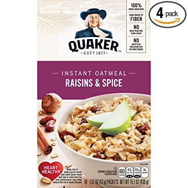 Quaker Instant Oatmeal, Raisin & Spice, Breakfast Cereal, 10 count , 1.51 oz Packets Per Box (Pack of 4)