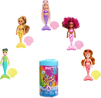 Barbie Color Reveal Rainbow Mermaid Series Chelsea Doll with 6 Surprises, Color Change and Accessories [Styles May Vary]