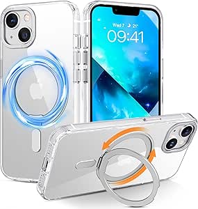 BENTOBEN Coque Magnétique iPhone 14/iPhone 13 avec MagSafe Anneau Support Intégré, Étui de Protection avec Béquille Housse en Acrylique Antichoc Anti-Poussière pour iPhone 14/iPhone 13- Transparente